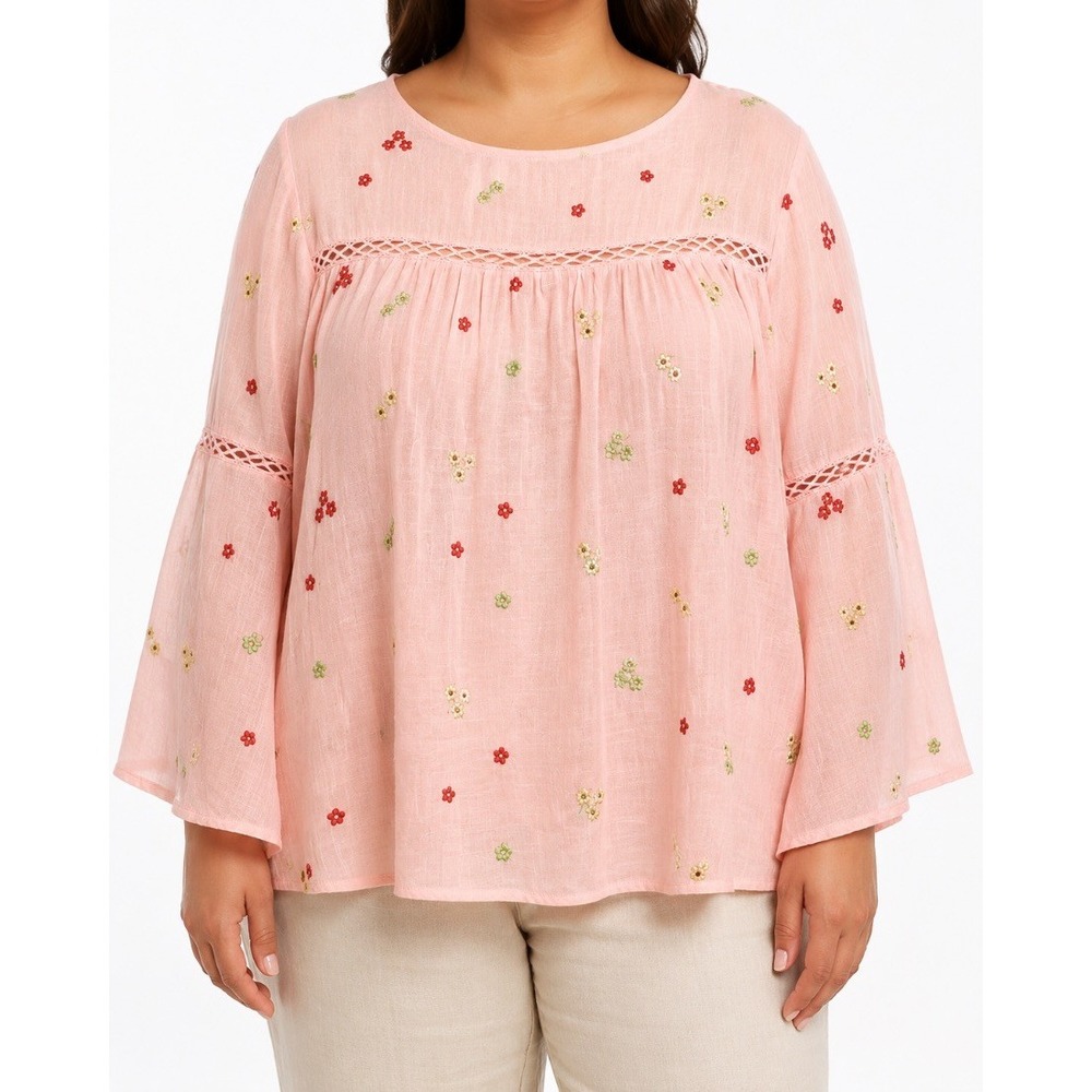 Figueroa Flower Womens Plus Blouse Top Pink Floral Embroidered Bell Sleeve L